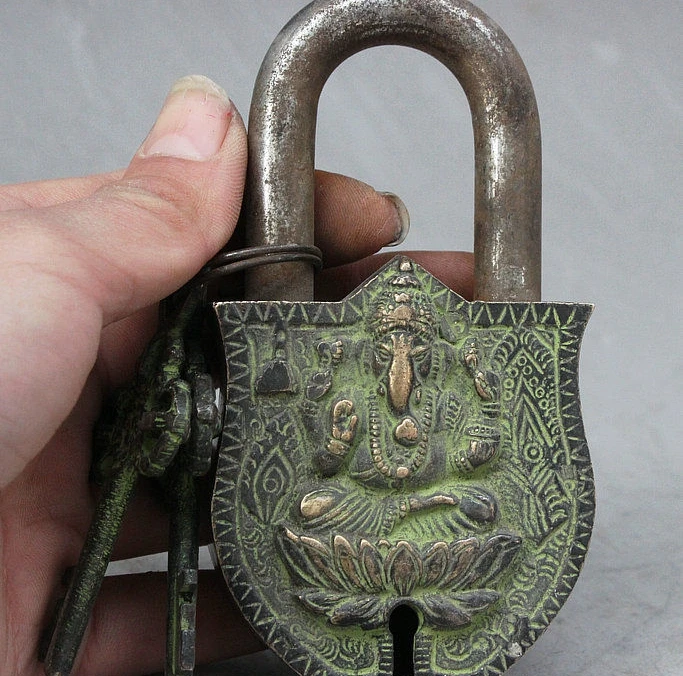 SCY старый тибетский буддизм бронзовый Ganapati Ganesh статуя будды дверной замок 2