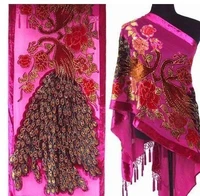 novelty hot pink female 100 silk velvet cape embroidery beaded pashmina stole chinese style peacock muffler 175 x 54cm c020