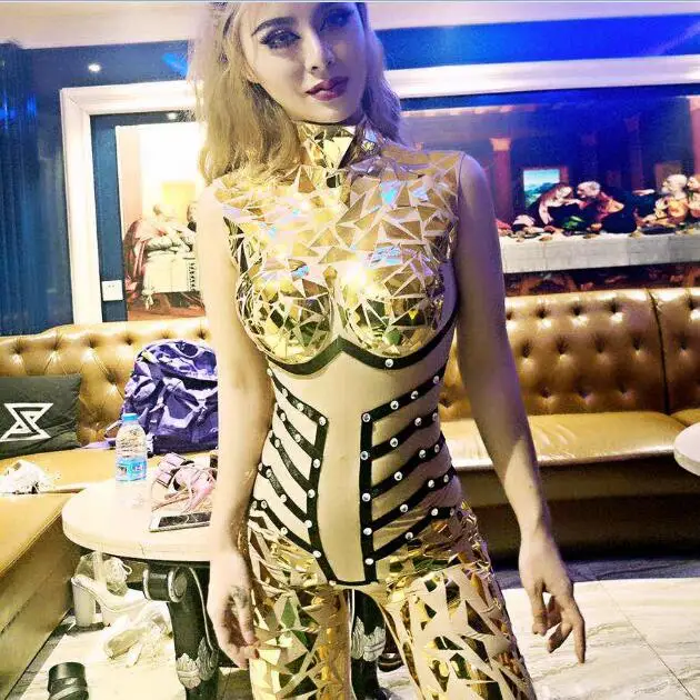 New Style Sparkly Gold Sequins Jumpsuit Sexy Glisten Crystals Costume Evening Outfit Party One-Piece Design Stage Show Rompers