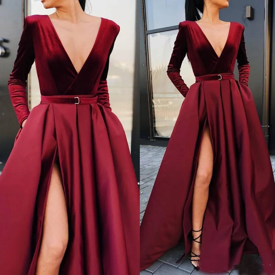 

Long Sleeve Formal Evening Dresses With Side Split V-neck Sashes Draped Prom Dress Long Party Women Pageant Gowns
