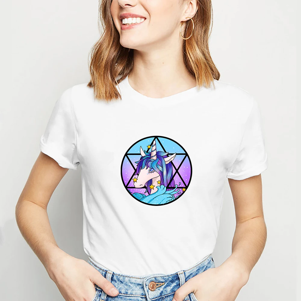 Мода 2019 Kawaii Единорог печатная Женская футболка Летняя мода Licorne короткий рукав