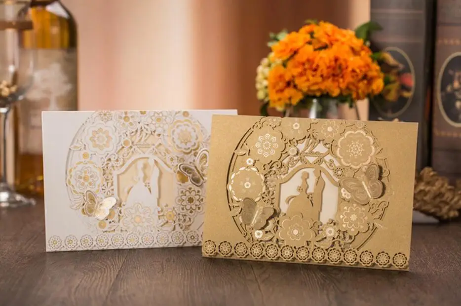 Customized White&ampGold Laser Cut Floral Wedding Party Invitation Card Bride &ampGroom Marriage Invitations 100PCS Express Shipping | Дом и