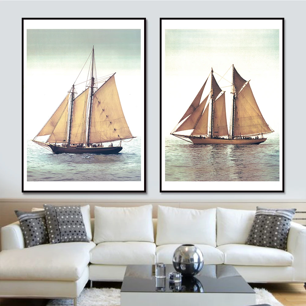 Парусник пейзаж холст искусство живопись скандинавский стиль детская комната