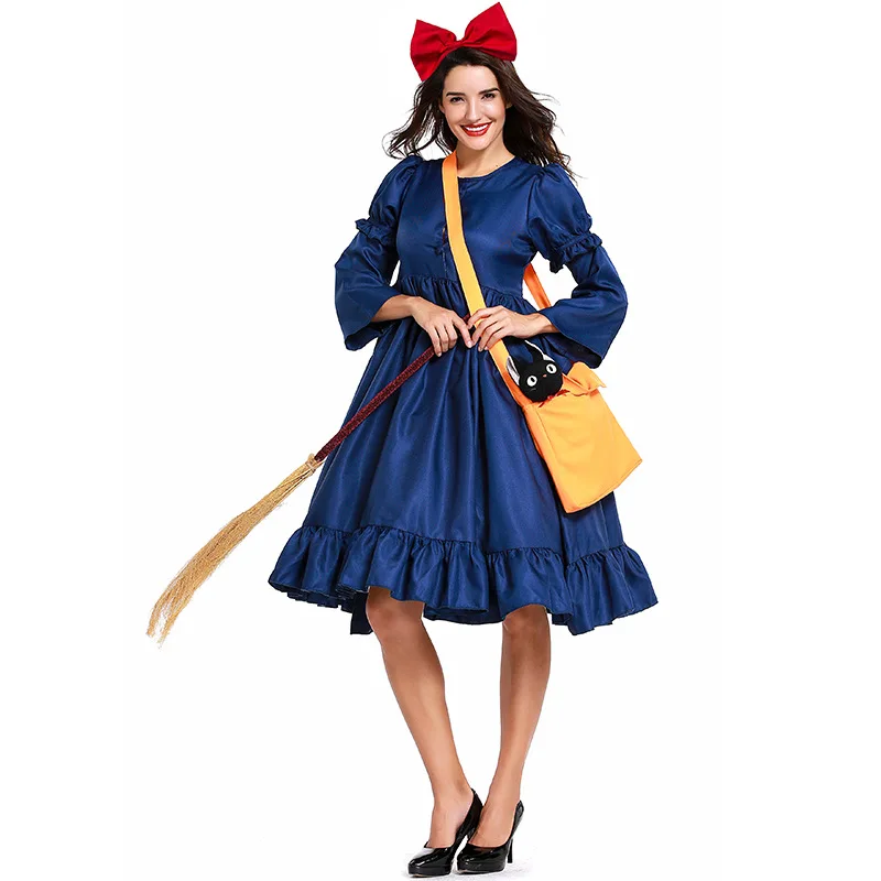 

Woman Anime Kiki Cosplay Costumes Kiki's Delivery Service Blue Dress Oversleeve Bowknot Bag Witch Halloween Cosplay Costumes
