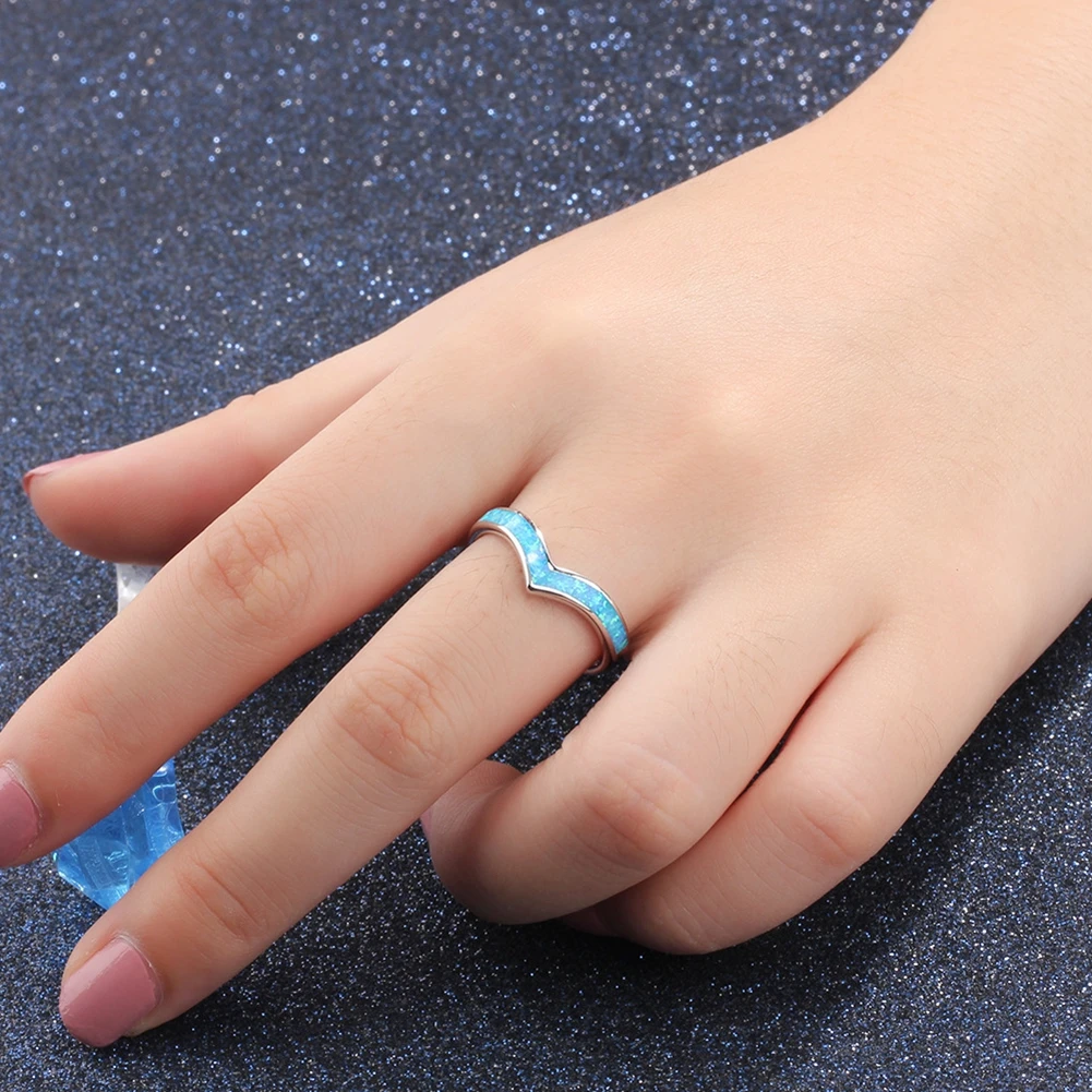 

Trendy 925 Sterling Silver Fine Jewelry Blue Geometry Opal Rings For Women Engagement Wedding Jewelry Gifts