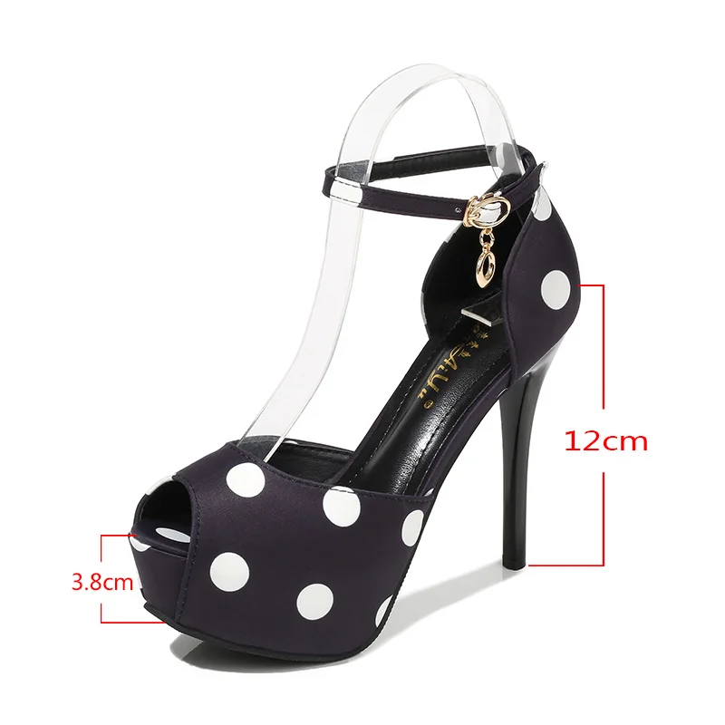 black 12cm Новинка; тонкие туфли на платформе с высоким каблуком и узором в горошек из шелкового сатина с открытым носком; женская обувь; туфли белого цвета на высоком каблуке - Цвет: black 12cm