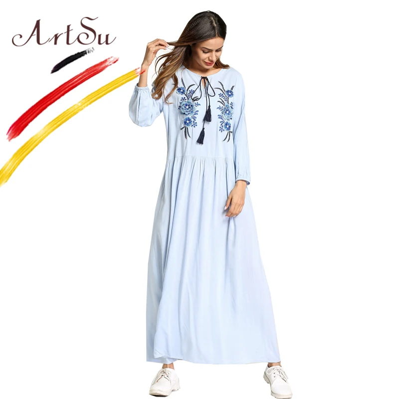 ArtSu PlusSize женское платье 2018 Ретро этнический цветок вышивка повседневное длинное