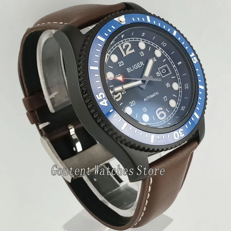 44 мм Bliger коричневый кожаный ремешок синий/черный ободок автоматические мужские