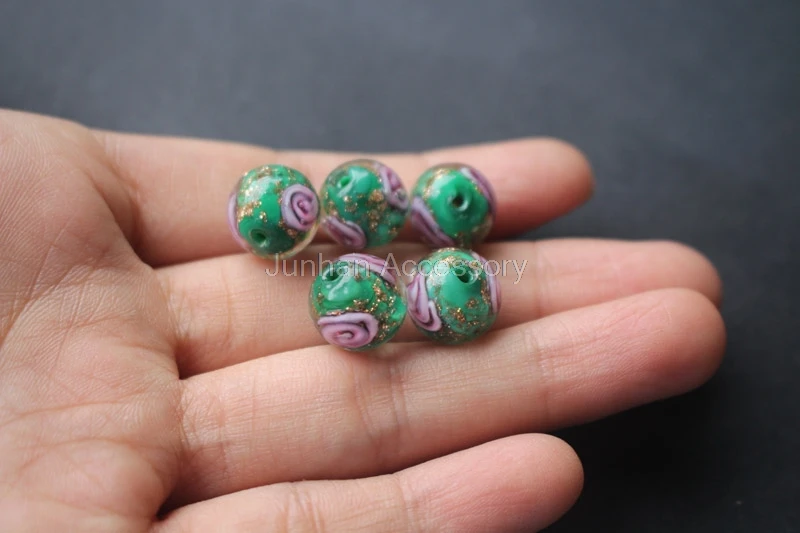 10Pcs/Lot 10mm 12mm Handmade Lampwork Flower Beads Green Color With Gold powder Japanese Style for jewelry | Украшения и