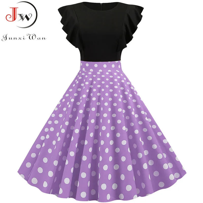 Elegant Dot Vintage Summer Women Petal Sleeve High Waist Pink Midi Party Dress Casual 2022 Rockabilly Vestidos Robe Femme