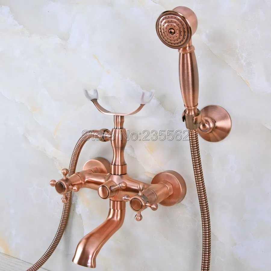 

Antique Red Coppe Wall Mount Clawfoot Bathroom Bathtub Faucet Handheld Shower Mixer Tap lna360