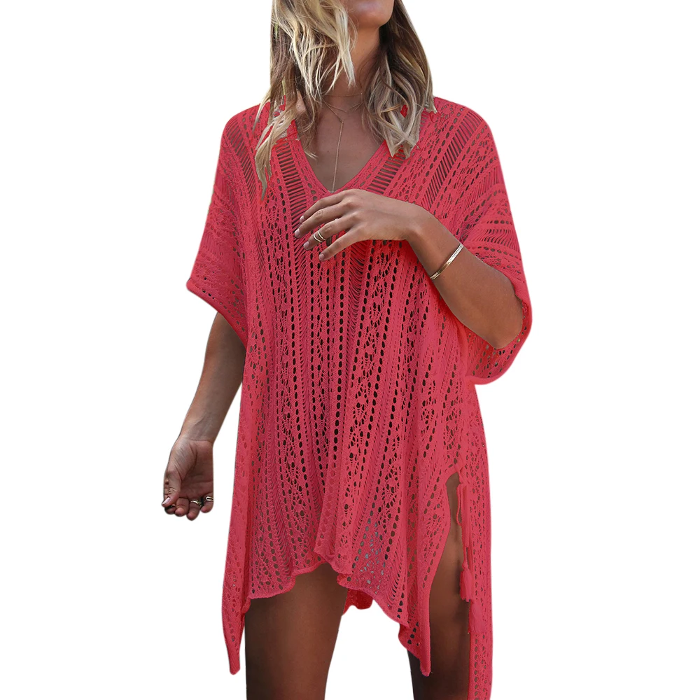 watermelon red Вязаное крючком белое пляжное платье туника длинное парео бикини пляжное платье накидка для плавания пляжная одежда - Цвет: watermelon red
