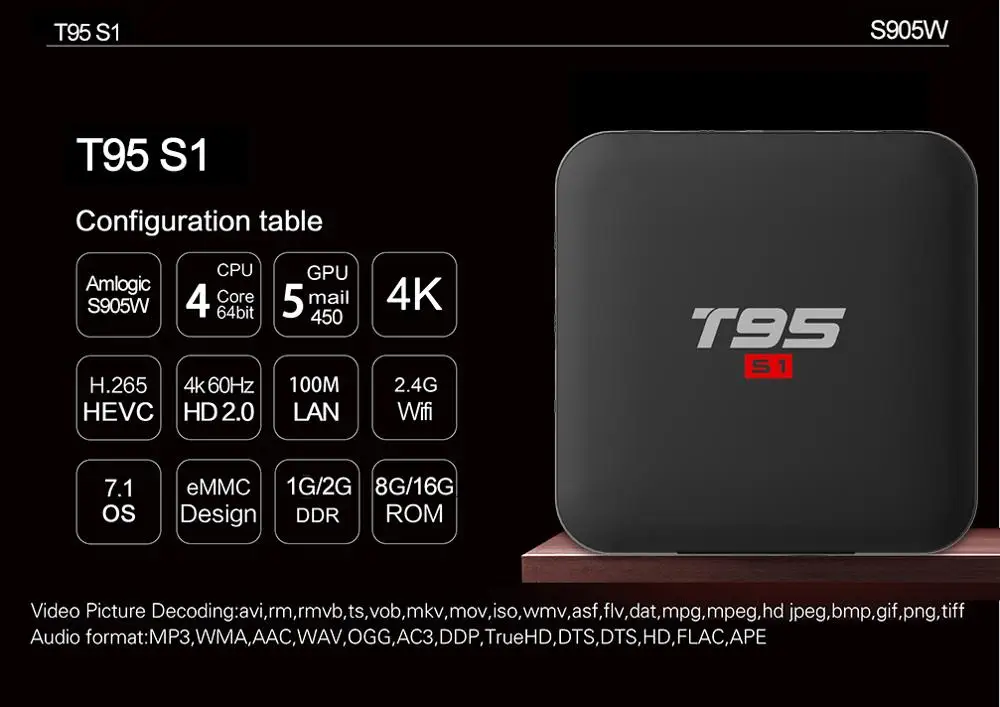 Приставка Смарт ТВ T95 S1 2 + 16 ГБ Android 7 1 Wi Fi H.265 4K|ТВ-приставки и медиаплееры| |