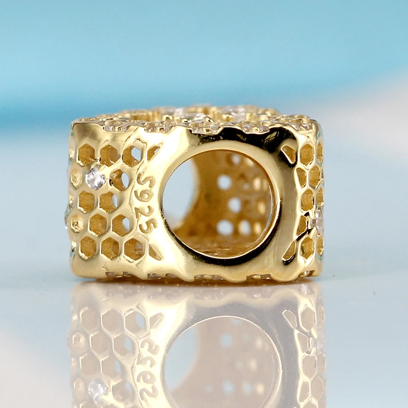 

New 925 Sterling Silver Bead Honeycomb Lace Charm Cyrstal Gold Beads Fit Original Bracelets Charms Women Jewelry Gifts