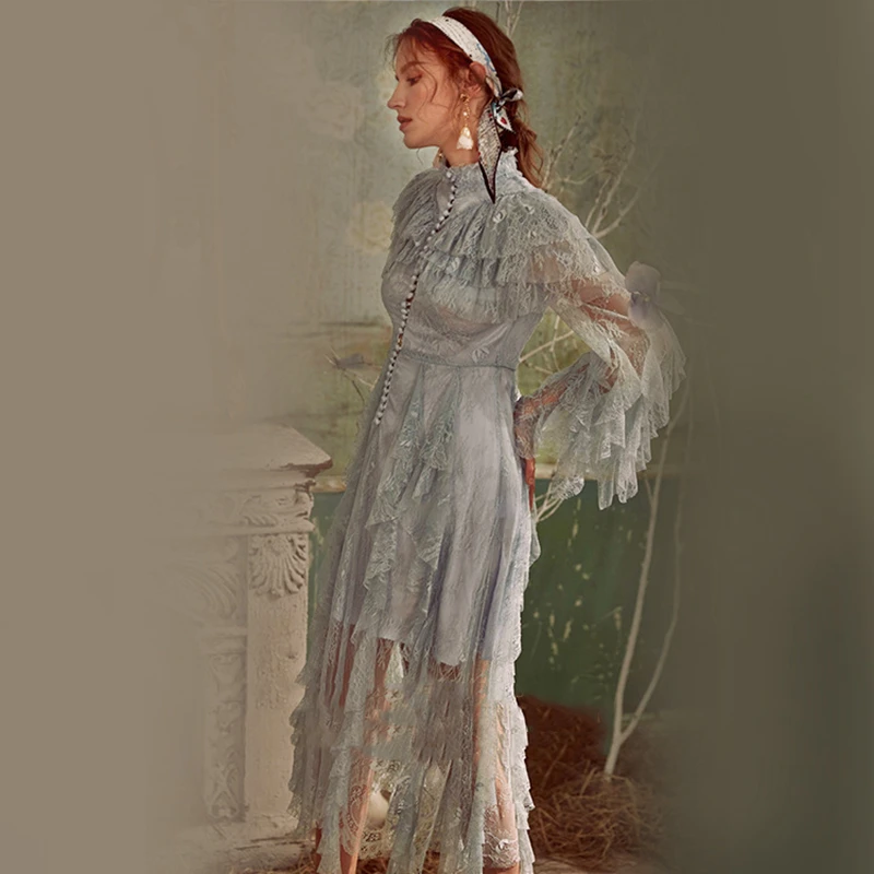 Высокое качество 2019 подиумное платье для женщин элегантное кружевное Макси с