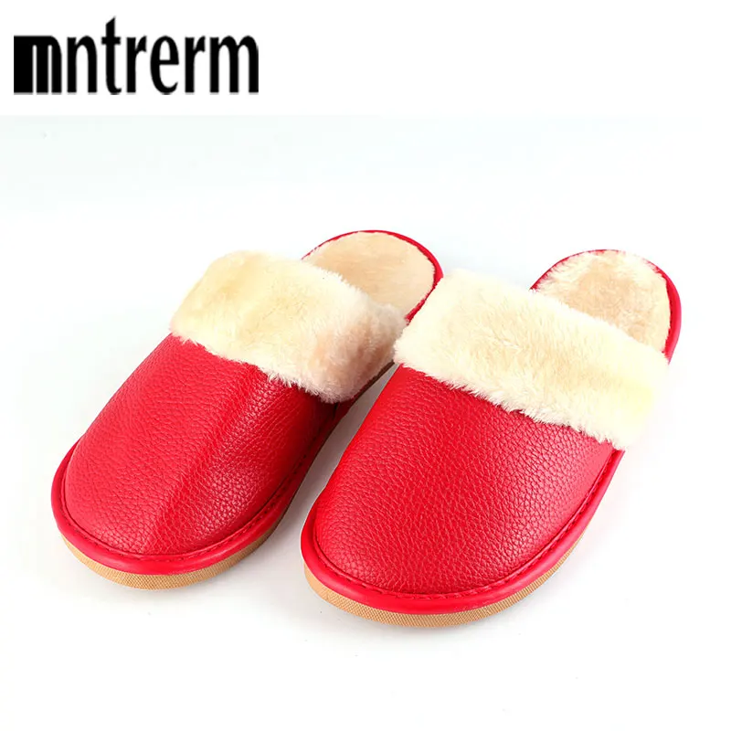 Mntrerm 2021 New Warm Indoor Slippers Waterproof Winter Couple With Thick Bottom Home Sofa Pu Leather Slippers For Women shoes