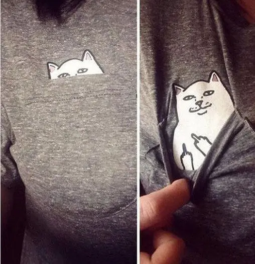 Meihuida 2019 Summer Women's Pocket Cat Cartoon Print T-Shirts Casual Loose Tops Cute Girls Top Tees | Женская одежда