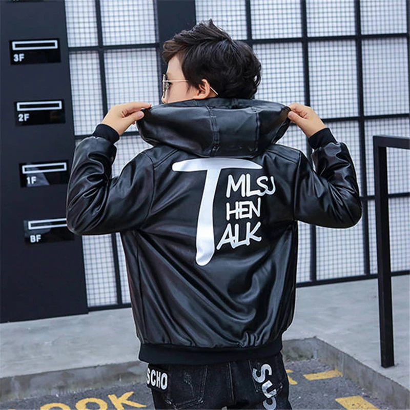 

Winter PU Leather Jacket For Boy New 2021 Korean Version Plus Velvet Thickening Fashion Hooded Casual Slim Children's Clothing