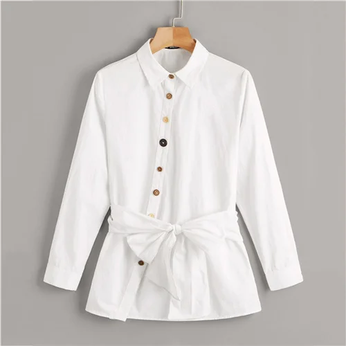 Белый SHEIN Button Front Belted Blouse White Solid Long Sleeve Blouse Casual Women Clothes Spring Autumn Blouses - Цвет: Белый