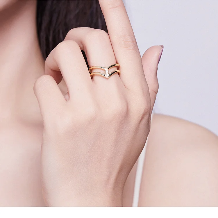 bamoer V shape Double Layer Finger Ring for Women 925 Sterling Silver Gold Color Fashion Korean Style Jewelry BSR040
