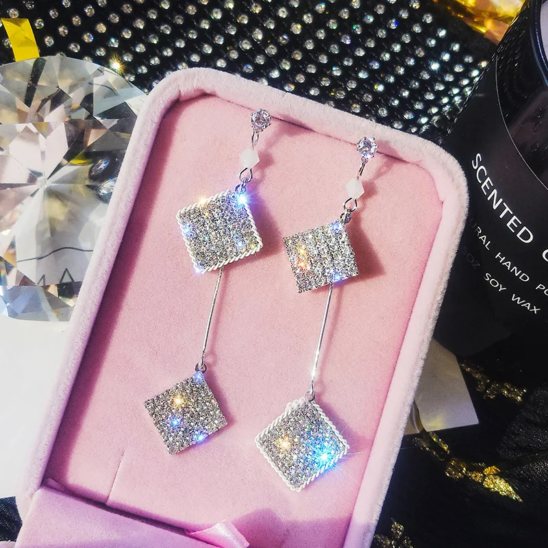 Модные серьги, индивидуальный дизайн, двойные квадратные серьги, полные кристаллов, длинные серьги, вечерние серьги для женщин