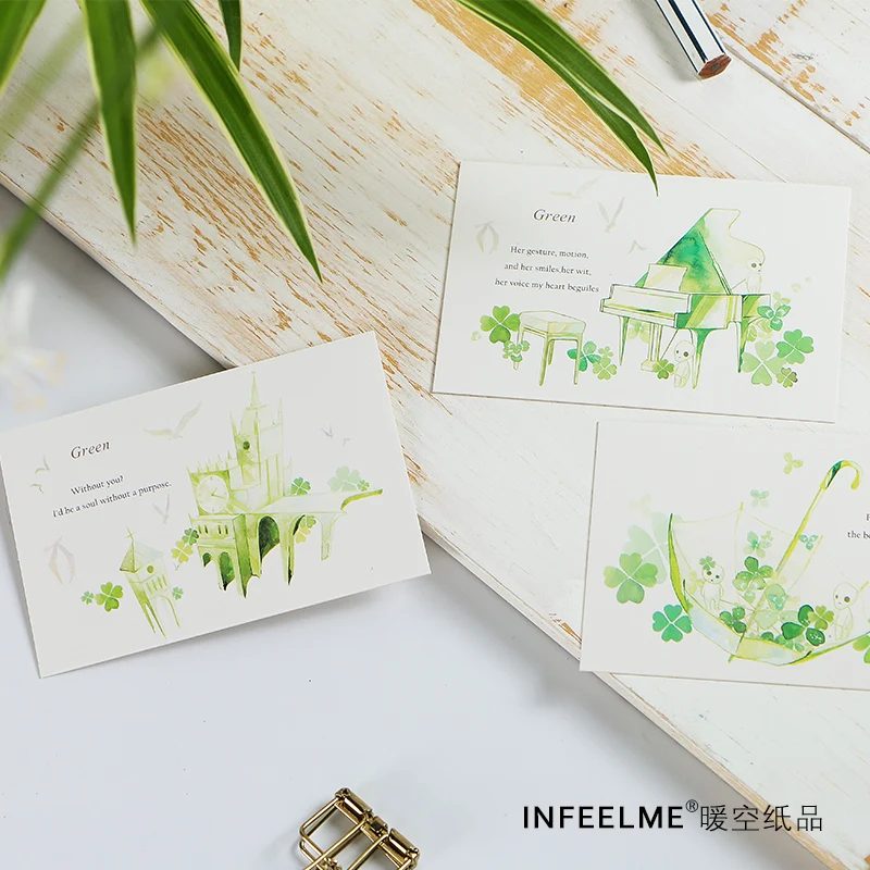 Green 28Pcs  LOMO card DIY cute creative fun greeting blank message mini postcard student stationery office supplies | Канцтовары для