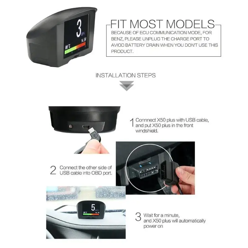 AUTOOL X50 Plus автомобильный OBD HUD Дисплей OBD 2 II автоматический проектор Цифровой измеритель скорости напряжения сигнализация датчик температуры воды