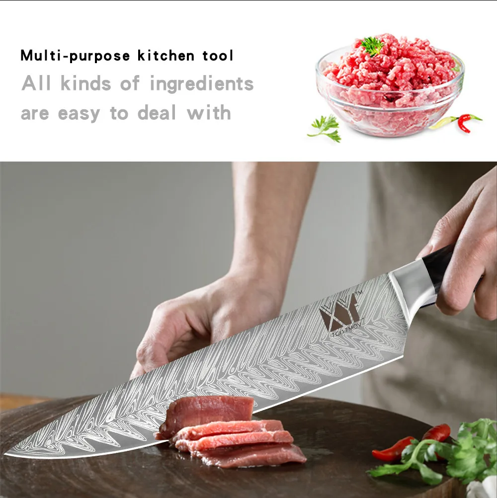XYj 7cr17 нож из нержавеющей стали резак для замороженного мяса изгиб ручки 8 дюймов шеф-повара Дамасские жилы кухонный нож устройство резки овощей