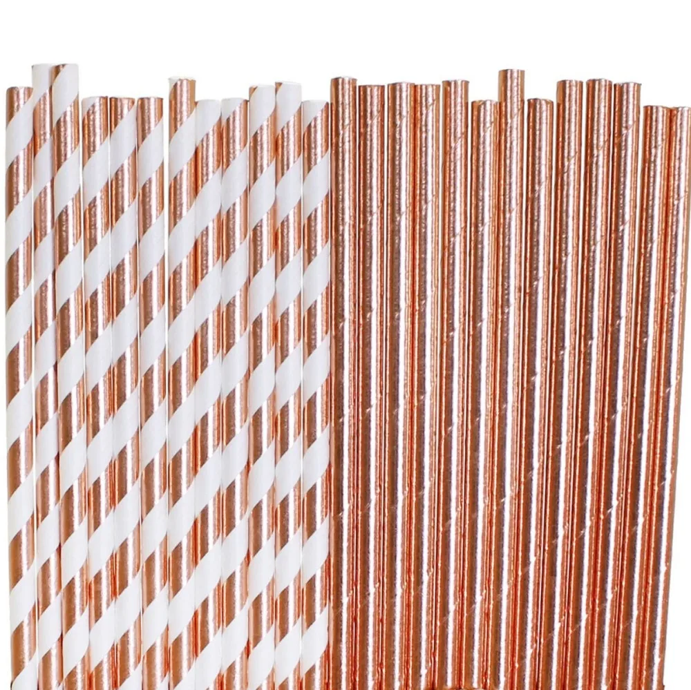 

100 pcs Metallic Rose Gold Foil Striped Plain Drinking Paper Straws Mix,Wedding Party Bridal Shower Soda Restaurant Coffee Bar