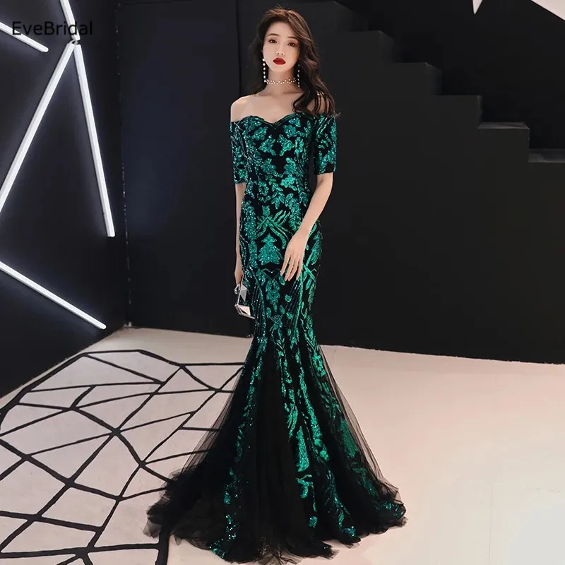 

Sparkle Sequined Mermaid Boat Neck Evening Dresses Formal Dresses Half Sleeve Floor Length Pageant Runway Show Dress