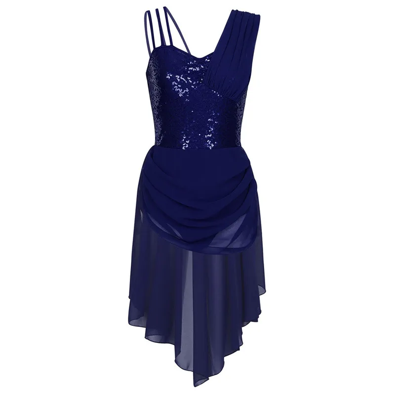 Navy Blue Женское платье на бретельках для взрослых без рукавов с блестками, Необычные шифоновые балетные и гимнастические современные купальники - Цвет: Navy Blue
