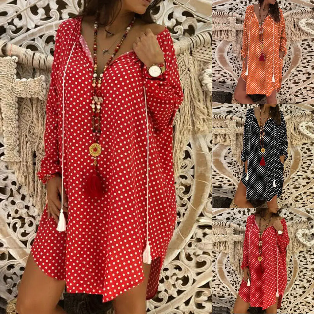 Женское платье с цветочным принтом Boho свободные топы длинным рукавом и v образным