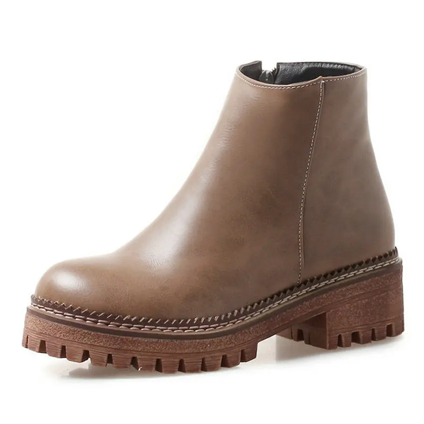 Khaki QUTAA/ г. Женские ботильоны универсальная модная зимняя обувь из искусственной кожи на высоком квадратном каблуке с круглым носком женские ботинки большой размер 34-43 - Цвет: Khaki