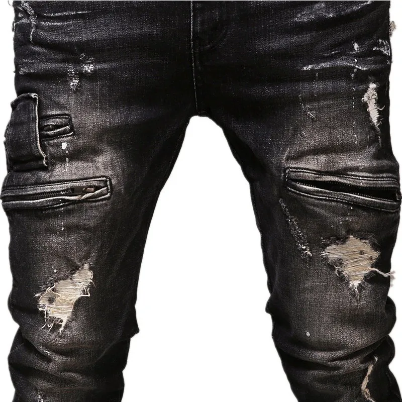 

High Street Style Men's Skinny Black Jeans New Fashion Men Elasticity Slim Denim Jeans Men Holes Zipper Jean Pants Size 40