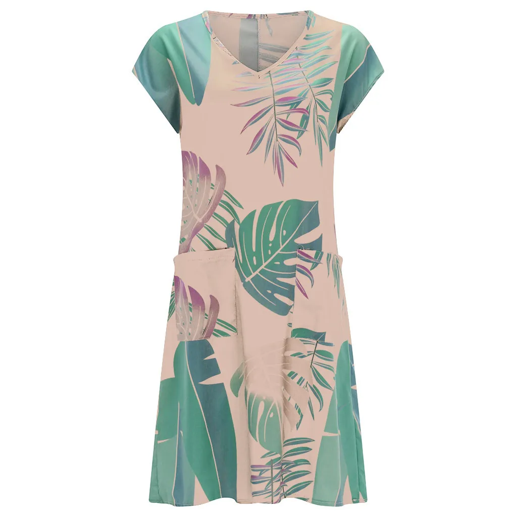 FREE OSTRICH Dress Women Leaf Pattern Pocket Large Size Short Sleeve Knee-Length Current Elegant Graceful Short Dress Summer