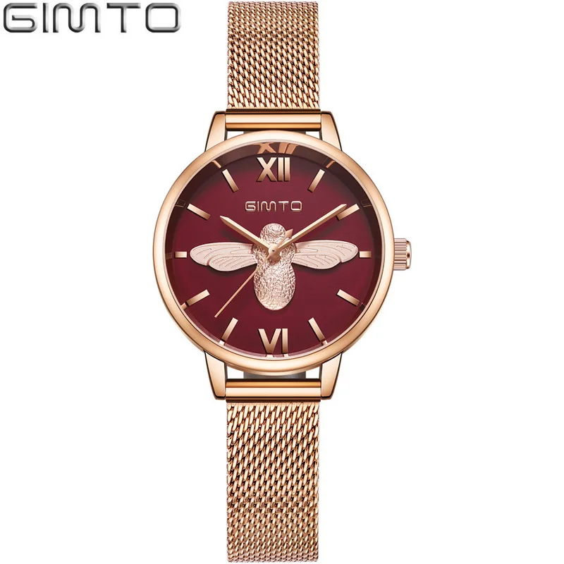 rose gold red Роскошные женские часы Стильные минимализм классические водонепроницаемые GIMTO брендовые Роскошные повседневные женские часы модные женские часы из розового золота - Цвет: rose gold red