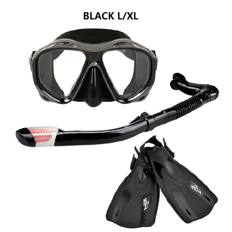 BLACK L-XL Силиконовая маска для подводного плавания и подводного плавания+ дыхательная трубка+ ласты для плавания - Цвет: BLACK L-XL