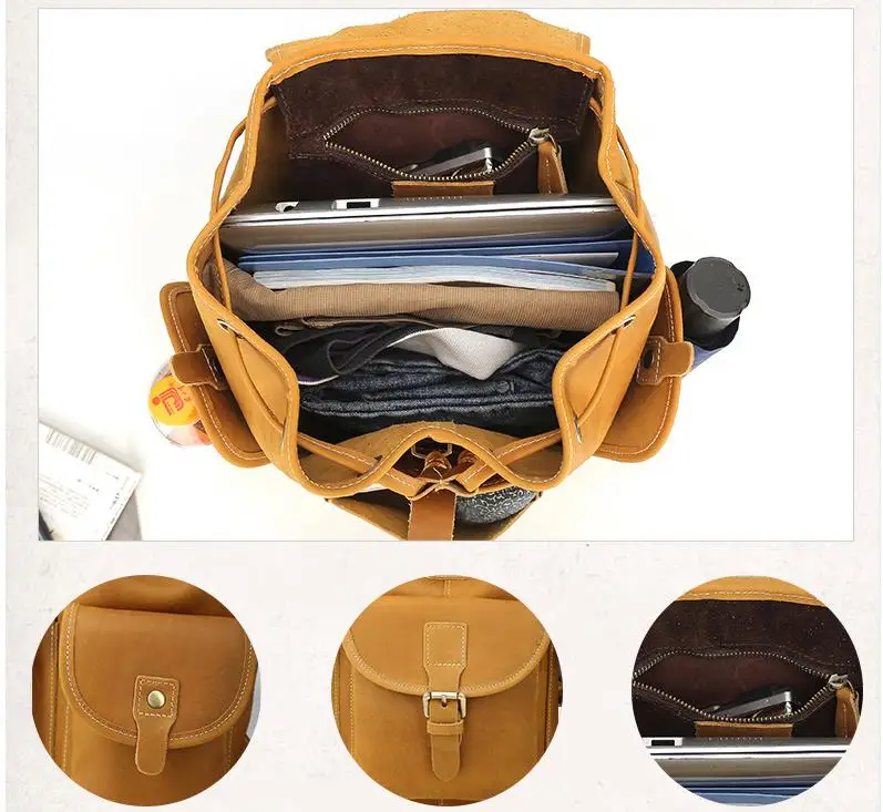 Tiding Британский Ретро Crazy Horse кожаный рюкзак для мужчин String рюкзак 14 ''путешествия Weekender плеча школьная сумка коричневый 31653