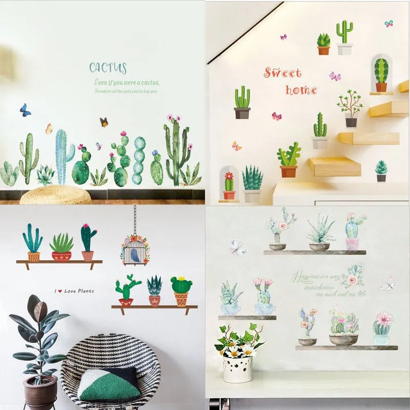 Свежие зеленые кактусы настенные наклейки Переводные картинки декор для спальни