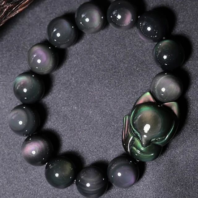 Rainbow bracelet obsidian big head small fox fairy bangle bracelet natural stone lucky for women men crystal bracelet jewelry