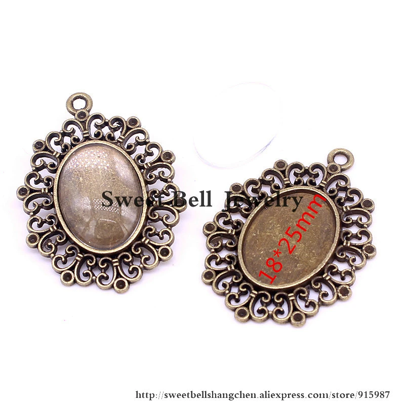 

6 set vintage bronze oval filigree cameo cabochon Fit 18*25mm dia Cabochon Pendant Settings + Clear Glass Cabochons