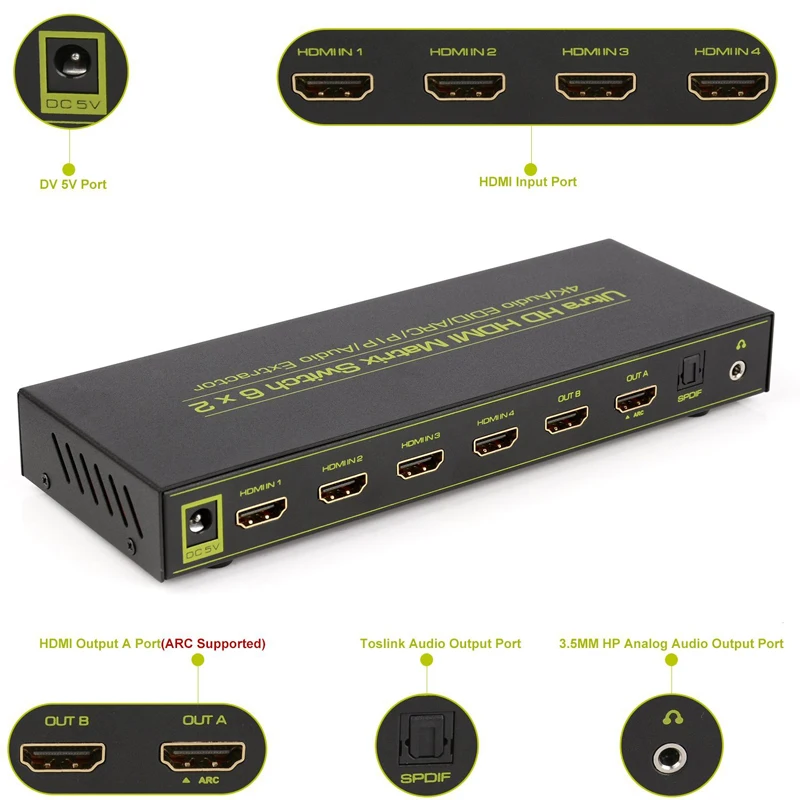Матричный Коммутатор HDMI (6 Вход 2 Выход) аудио эксрактор с удаленным Управление
