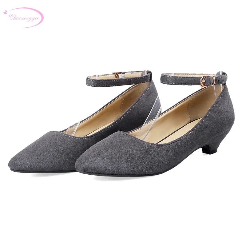 

Chainingyee leisure style sexy pointed toe nubuck pumps fashion belt buckle green grey black low-heeled women's shoes big size