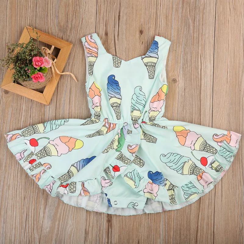 Cute Toddler Baby Girls Ice Cream Printed Dress Sleeveless Summer Sunsuit Bodysuit-style Girl Dresses Kid Clothes 0-4T | Детская одежда