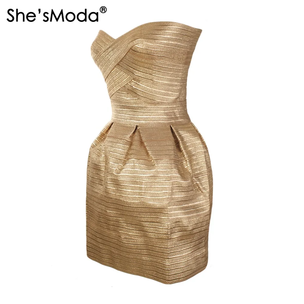 Женское Бандажное мини платье She'sModa Золотое облегающее на груди для свадебной