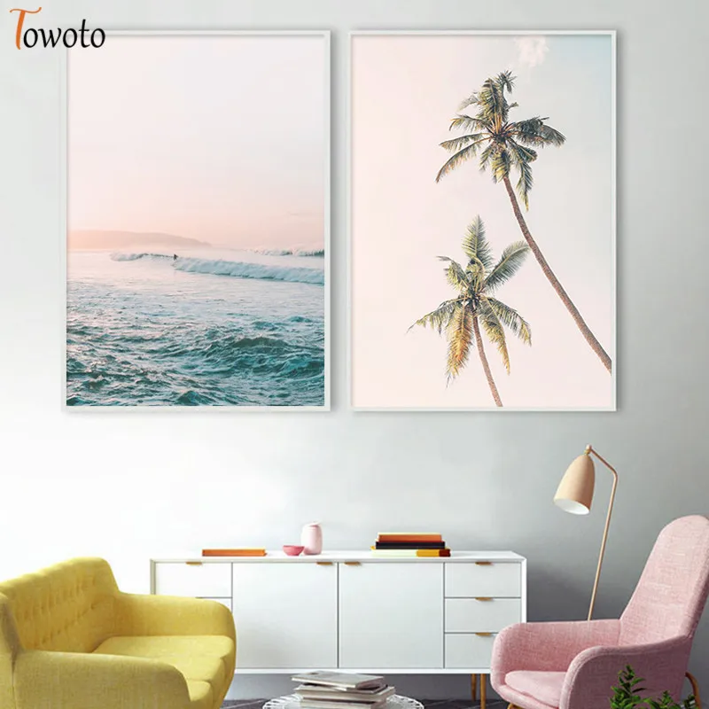 Персиковый пляж плакат пальмовое дерево принты пейзаж Картина на холсте для