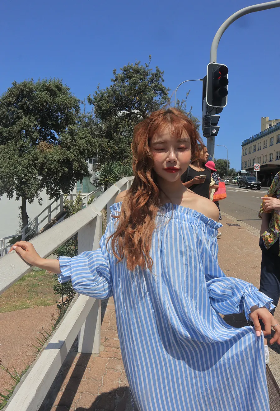 2019 Spring Summer Streetwear Off Shoulder Slash Neck Striped Drawstring Lantern Sleeve Mid-Calf Dress Fashion Women's Clothing | Женская