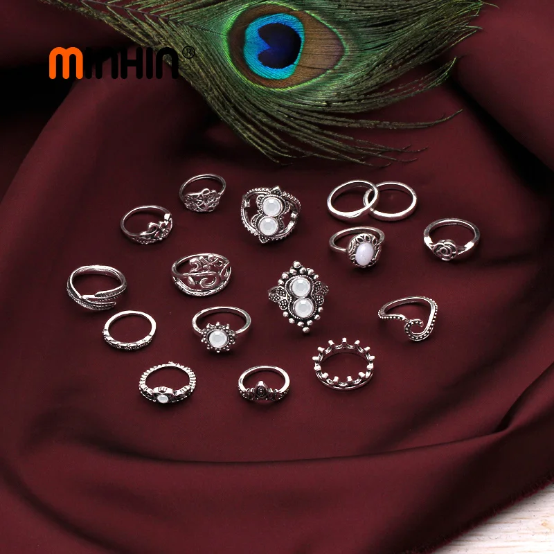 MINHIN 16 PCS/Set Vintage Knuckle Opal Finger Ring Set Flower Heart Design Rings For Women Ethnic African Wedding Jewelry |