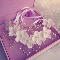 white flower pearl ribbon headband hair jewelry bridal tiaras hair jewelry wedding crown floral bride hair accessories vl