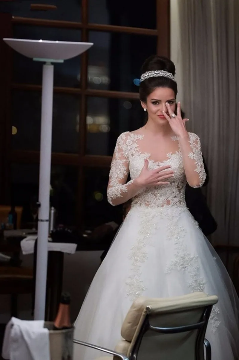 Vestido De Noiva, свадебное платье с длинными рукавами, кружевные аппликации, свадебные платья занавески с круглым вырезом, ТРАПЕЦИЕВИДНОЕ свадебное платье с бисером